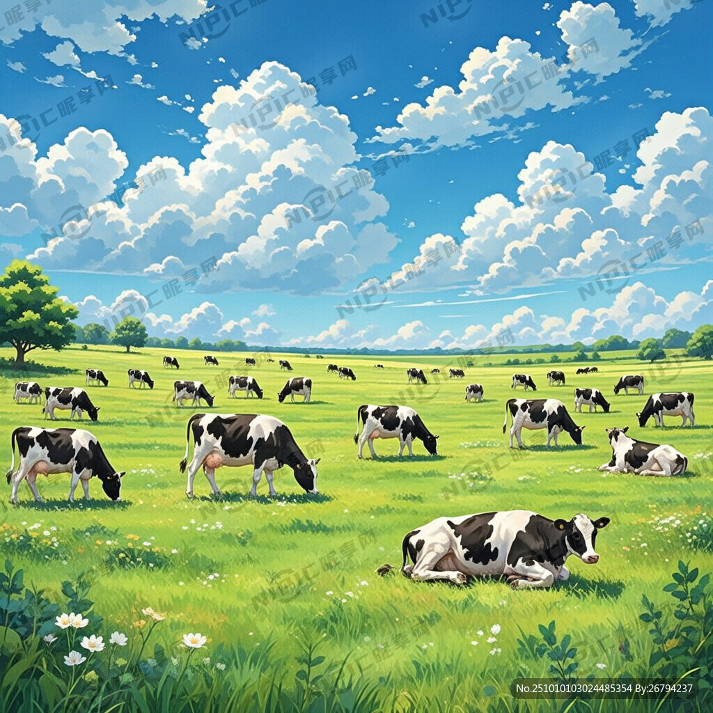 蓝天白云绿色草地奶牛牧场