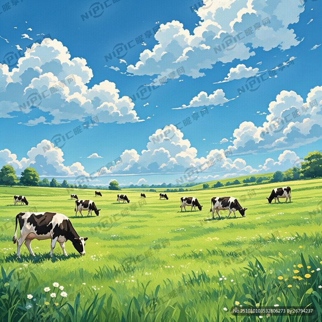 蓝天白云绿色草地奶牛牧场