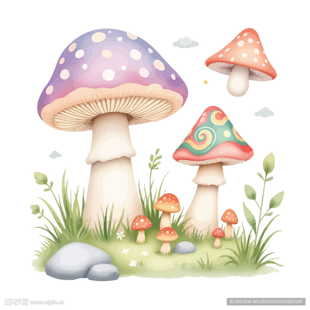 梦幻蘑菇与草地插图