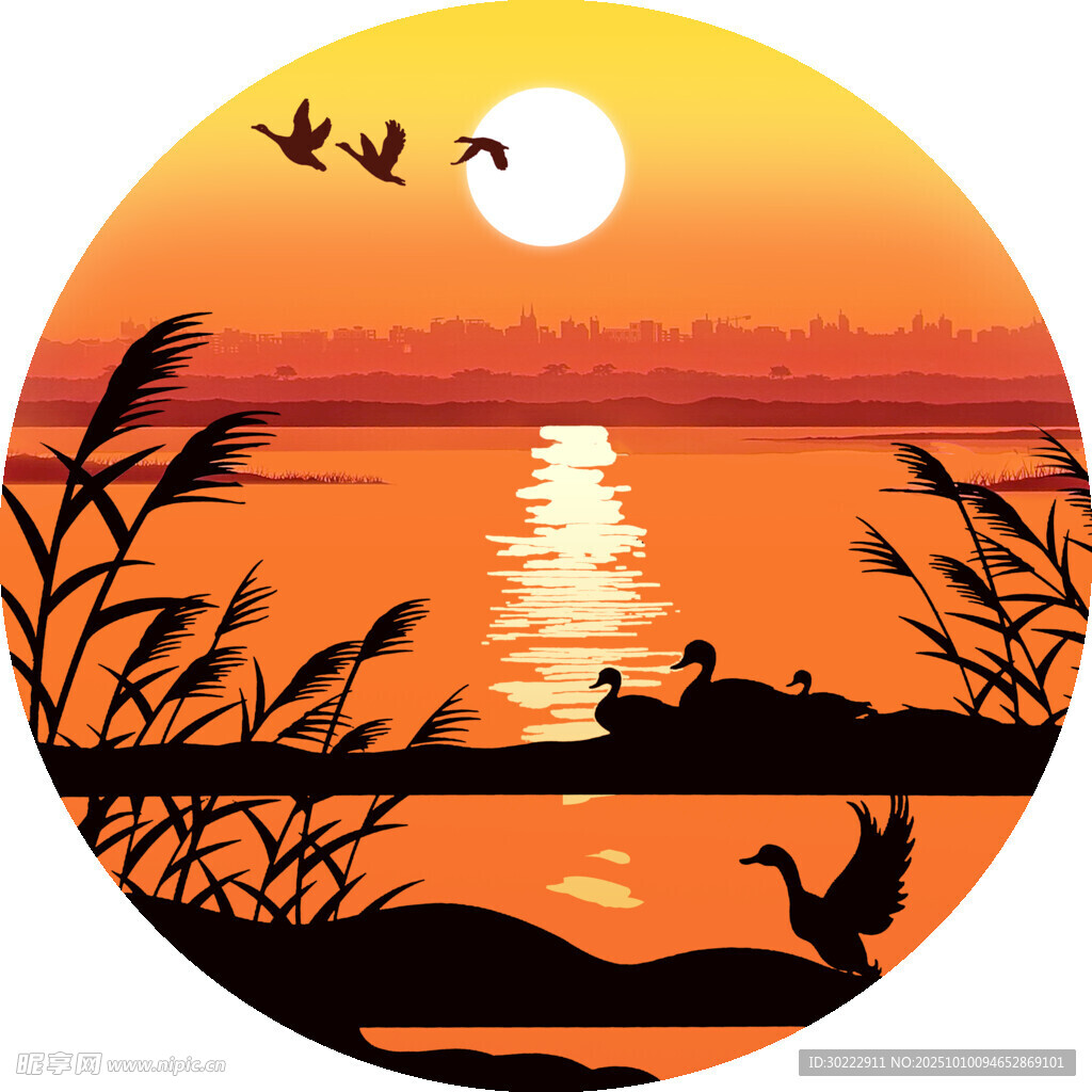 夕阳湖畔大雁剪影
