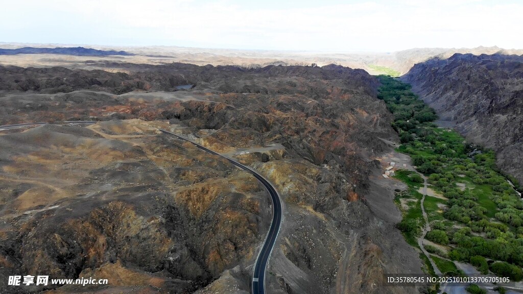 峡谷间蜿蜒公路与绿洲