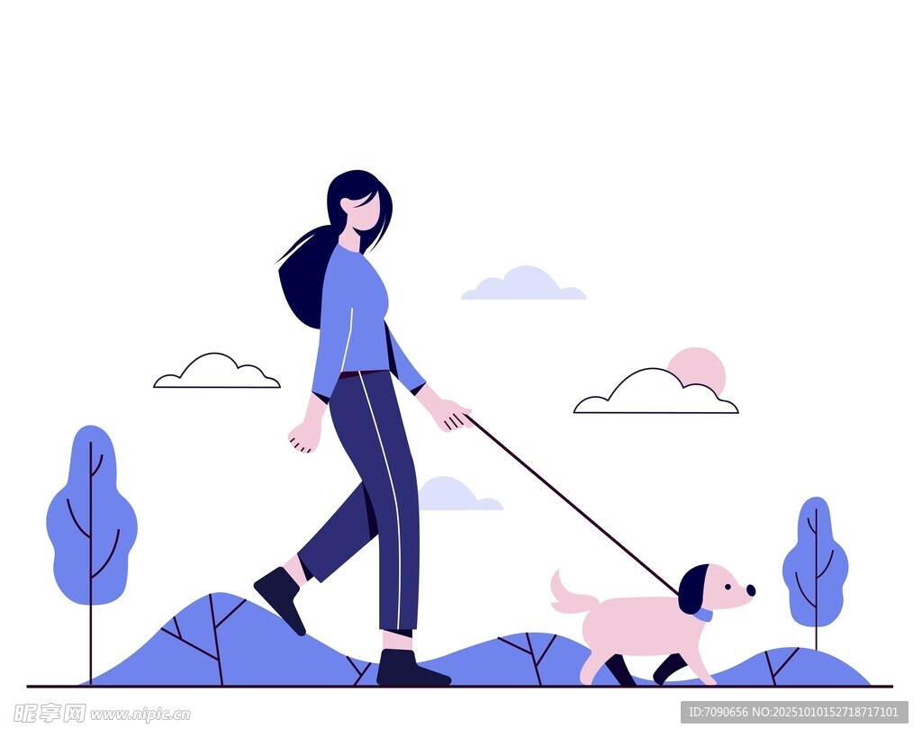 女子户外牵绳遛两只宠物