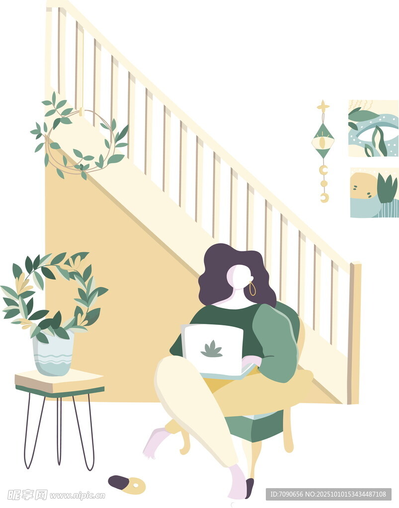 女孩于楼梯角落惬意用电脑