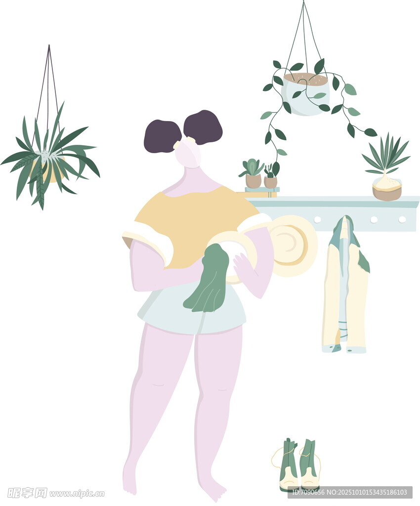 室内女子与绿植惬意场景