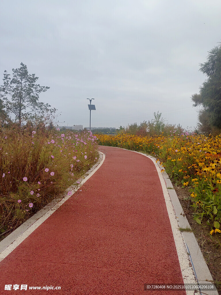 红色步道旁的多彩植物景观