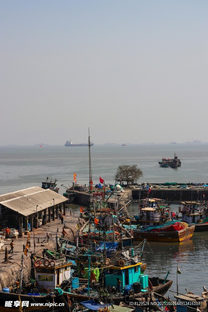 海边多彩渔船停靠码头