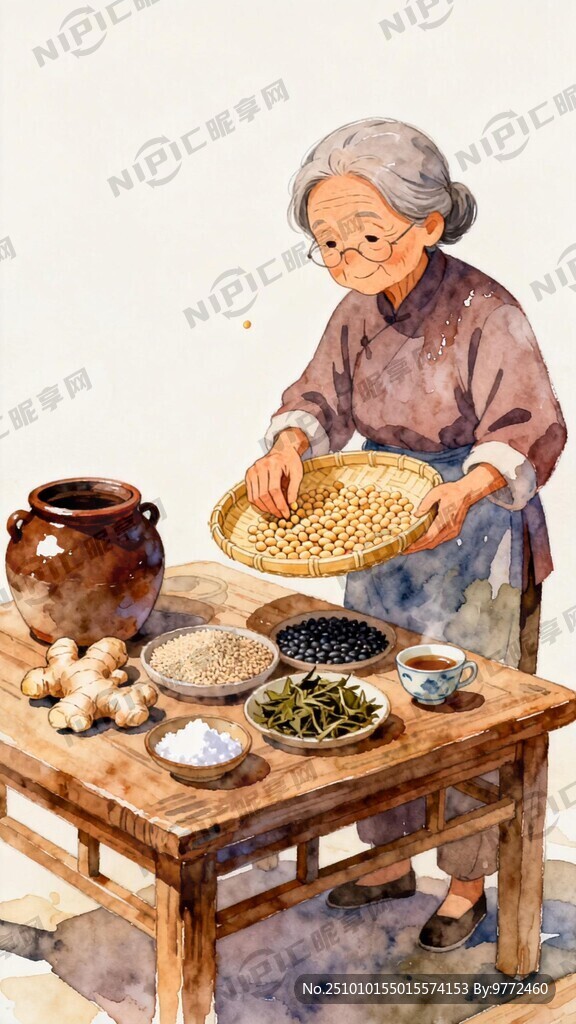 一个老奶奶拿个竹筛子在桌子旁挑