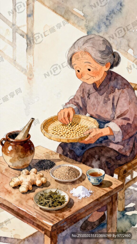 一个老奶奶拿个竹筛子在桌子旁挑
