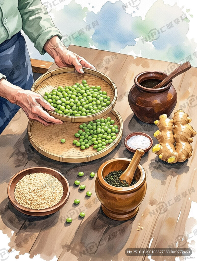 老奶奶拿着筛子在挑豆子