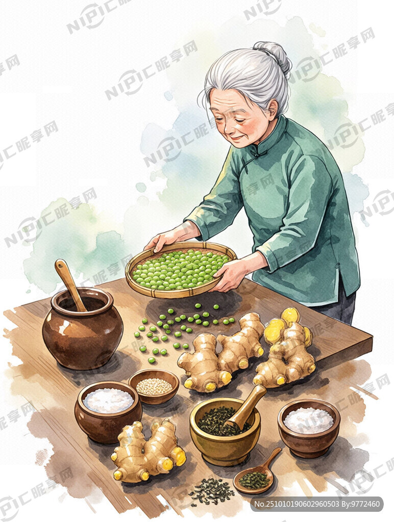 白发老奶奶拿着筛子在桌子旁边挑