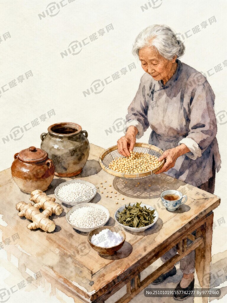 白发老奶奶拿着筛子在桌子旁边挑