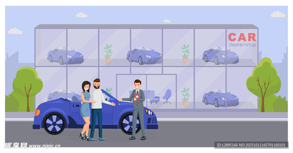 两人在展厅前与蓝色汽车