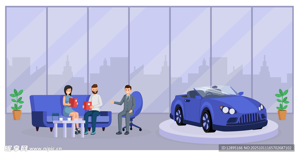展厅内人们赏蓝色汽车