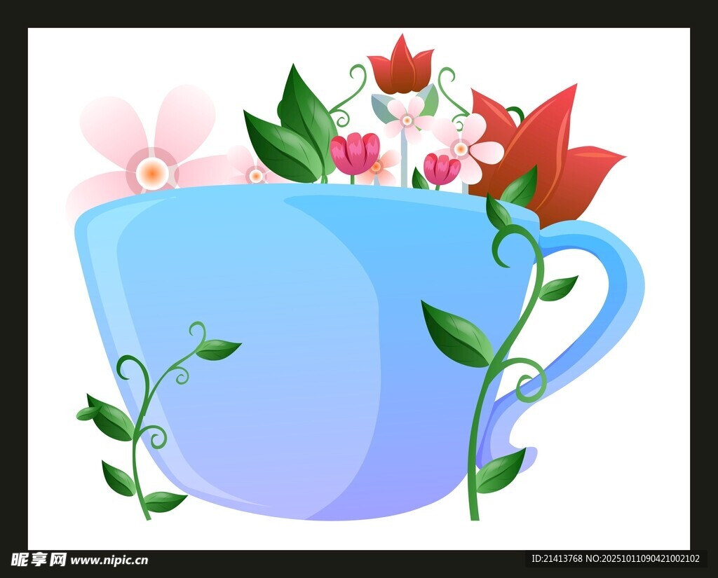蓝色杯中的花卉插画