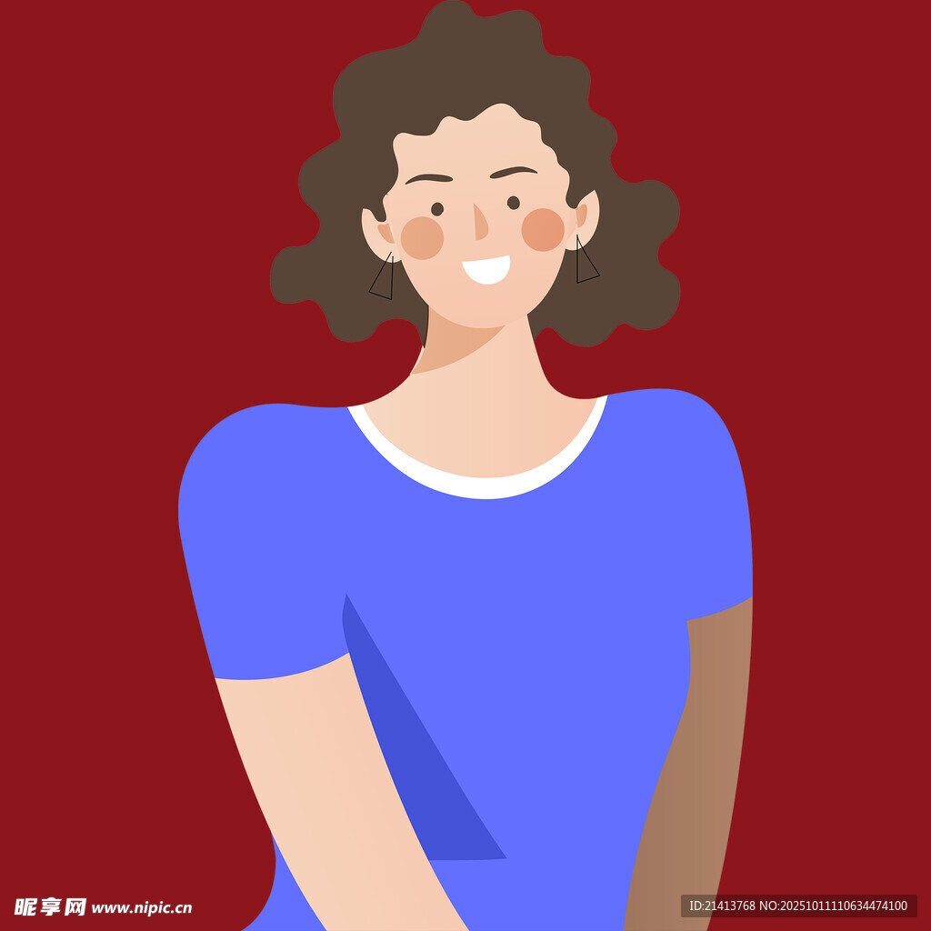 穿蓝上衣的卷发微笑女性