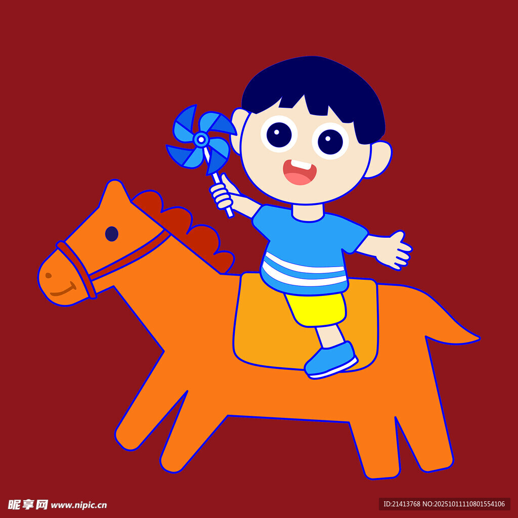 小男孩骑木马玩耍