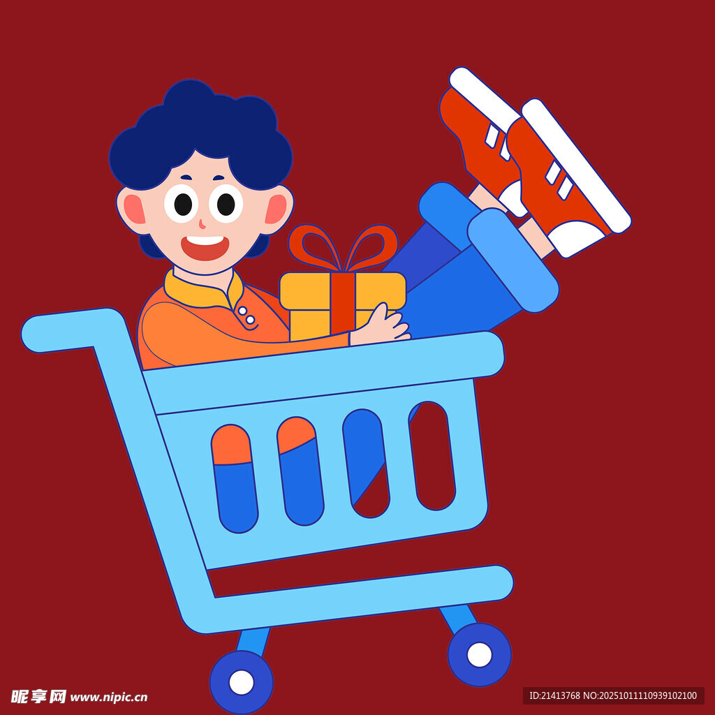 男孩推着满是物品的购物车
