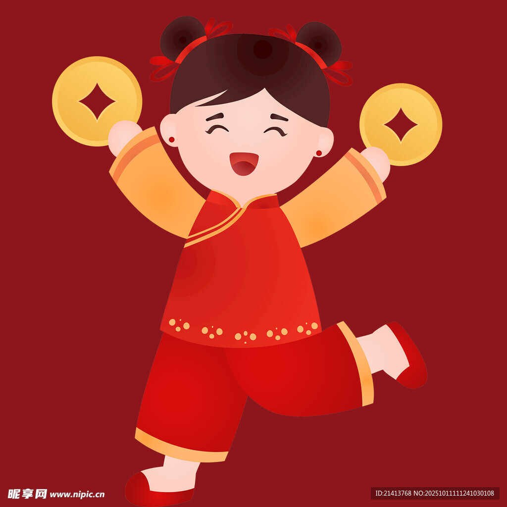 红衣女孩欢快持金饰