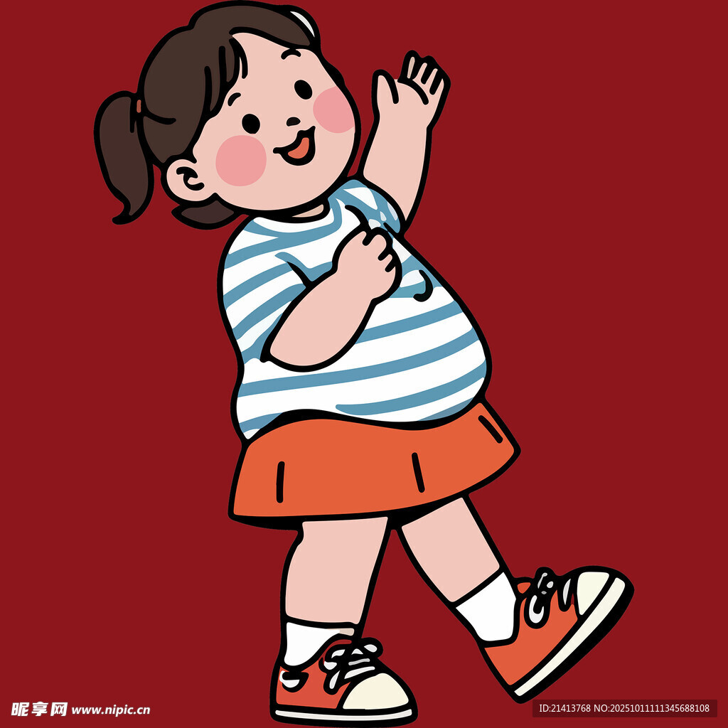 快乐挥手的条纹衫小女孩