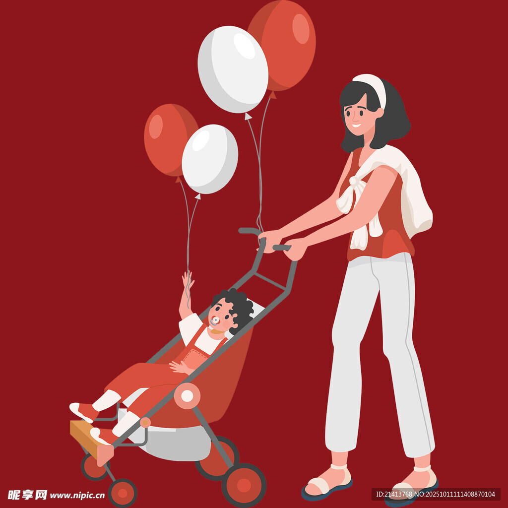 母亲推婴儿车与孩子欢乐出行