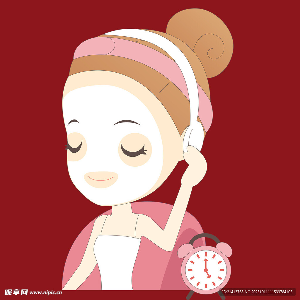 女孩敷面膜看闹钟护肤