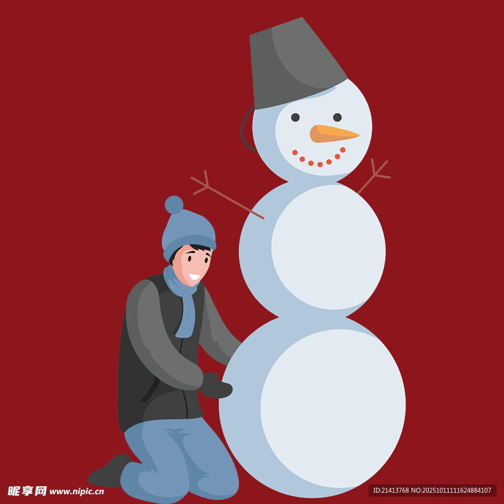 小孩专注堆雪人画面