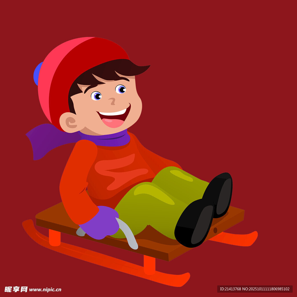 小孩坐雪橇欢乐滑行