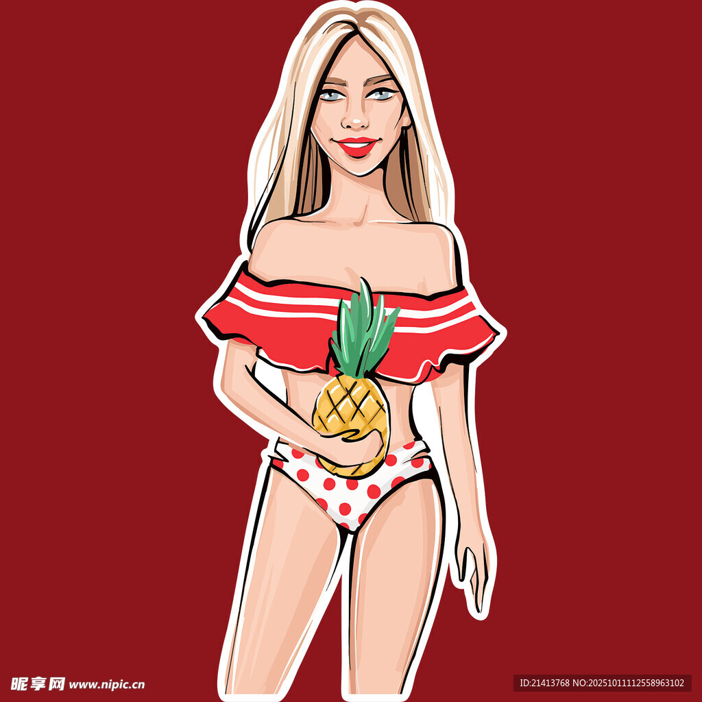 夏日比基尼美女手持菠萝杯