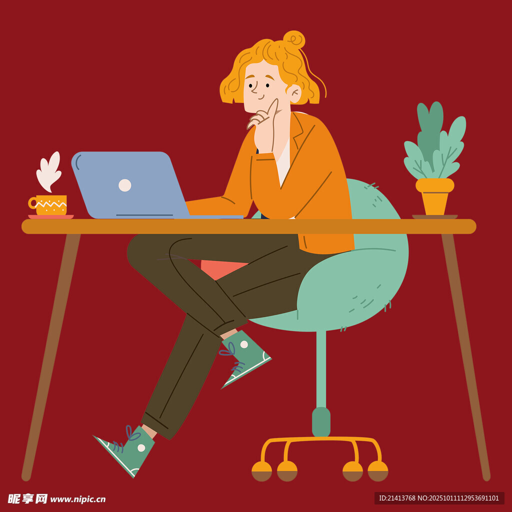 女子惬意办公于温馨小角落