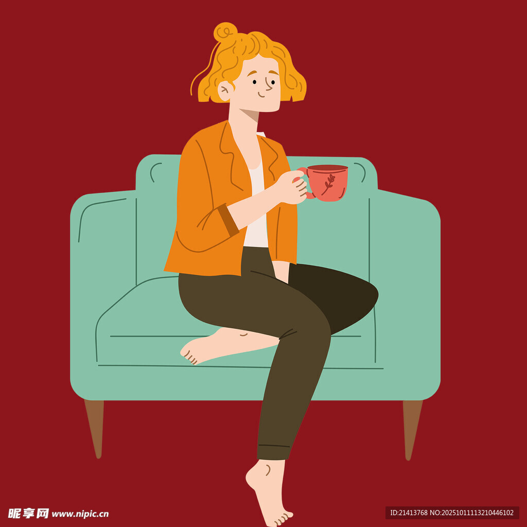 女子惬意沙发上喝咖啡