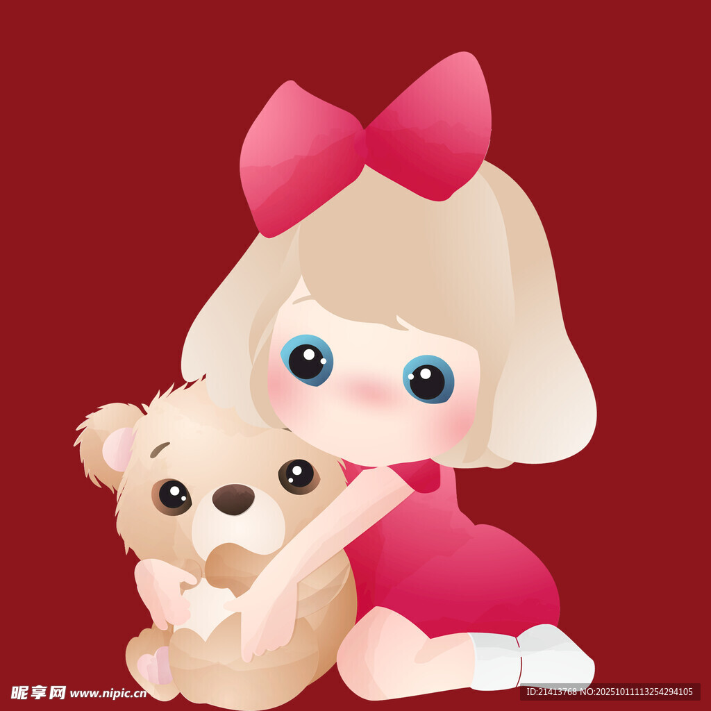 抱小熊的可爱卡通小女孩