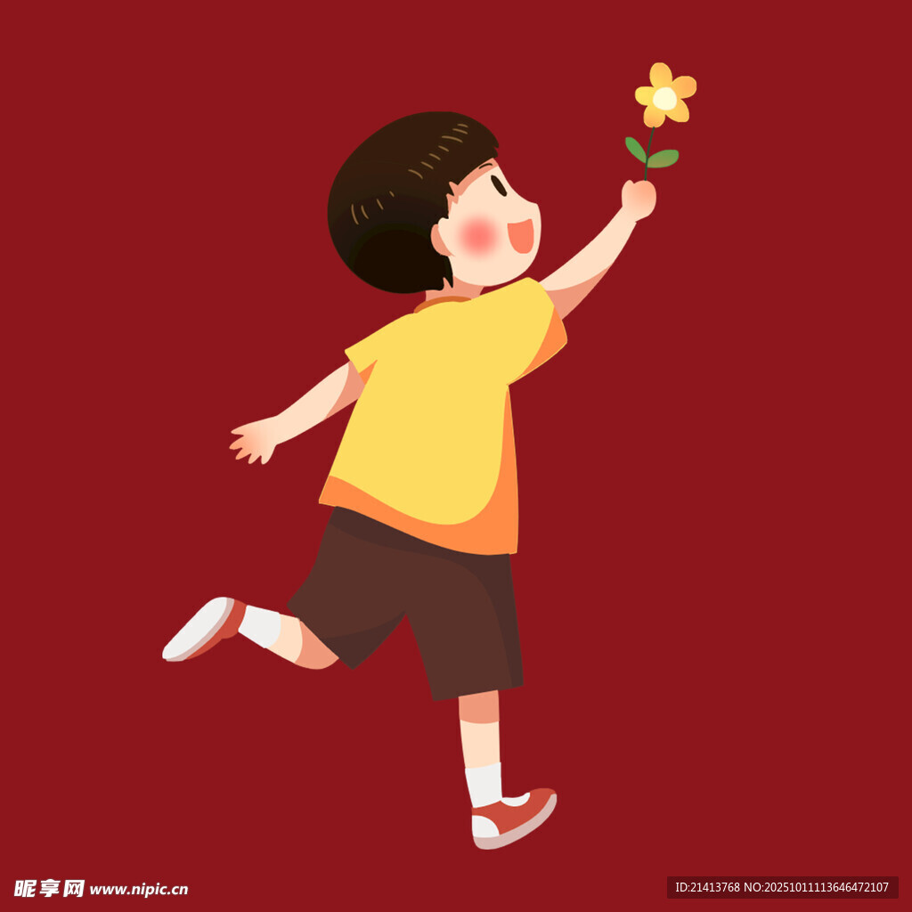 奔跑少年手持小花