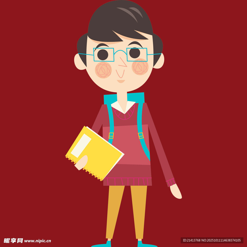 戴眼镜捧书的卡通少年