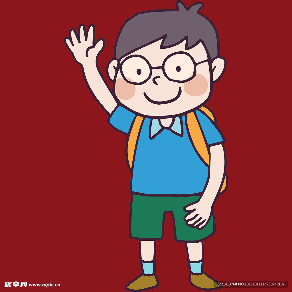 挥手的戴眼镜小男孩