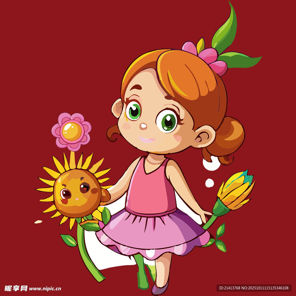可爱女孩与缤纷花朵