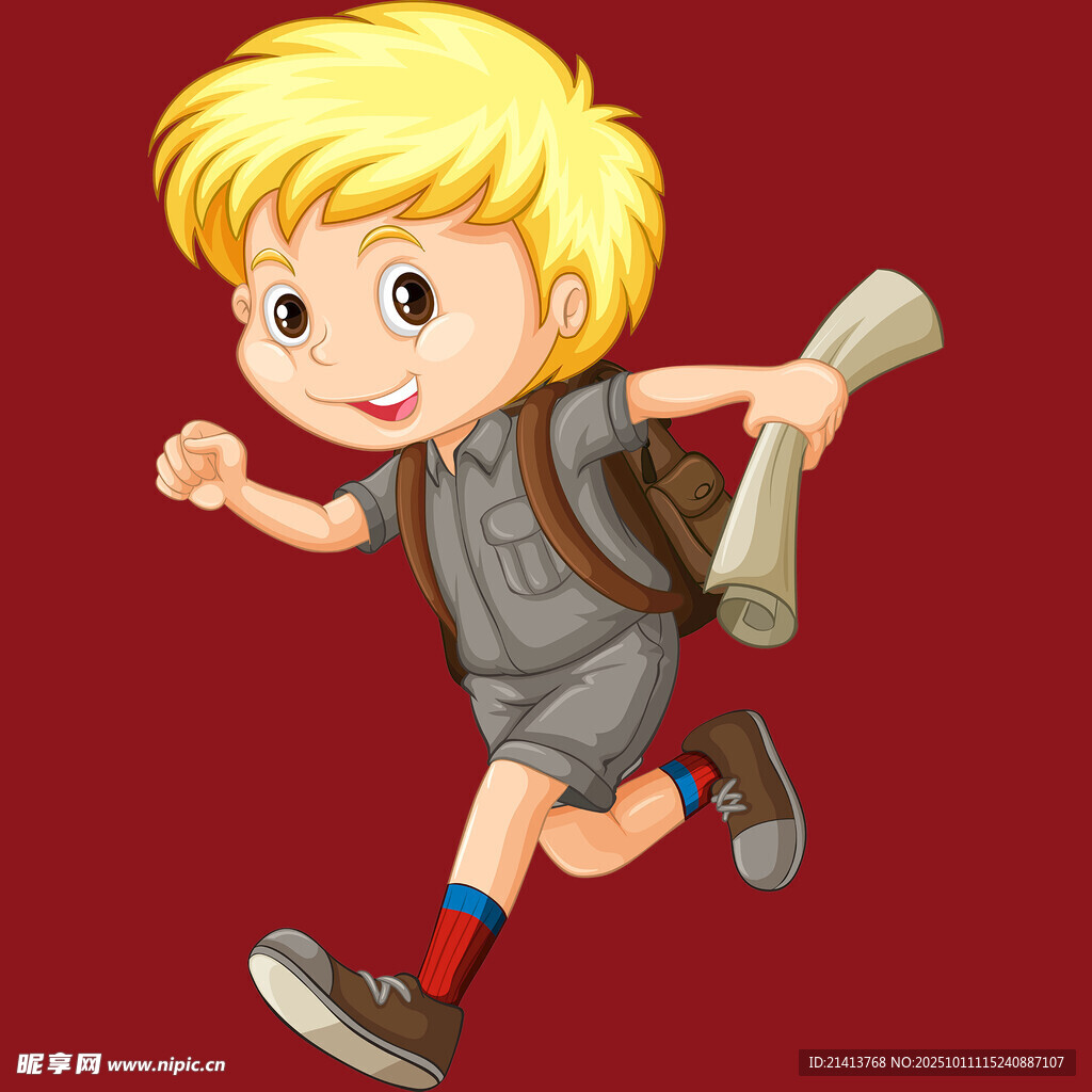 奔跑上学的金发小男孩