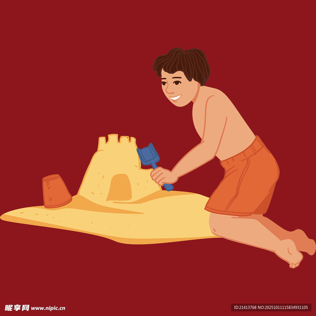 男孩专注堆沙堡