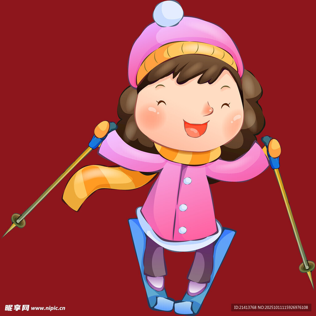 可爱女孩快乐滑雪
