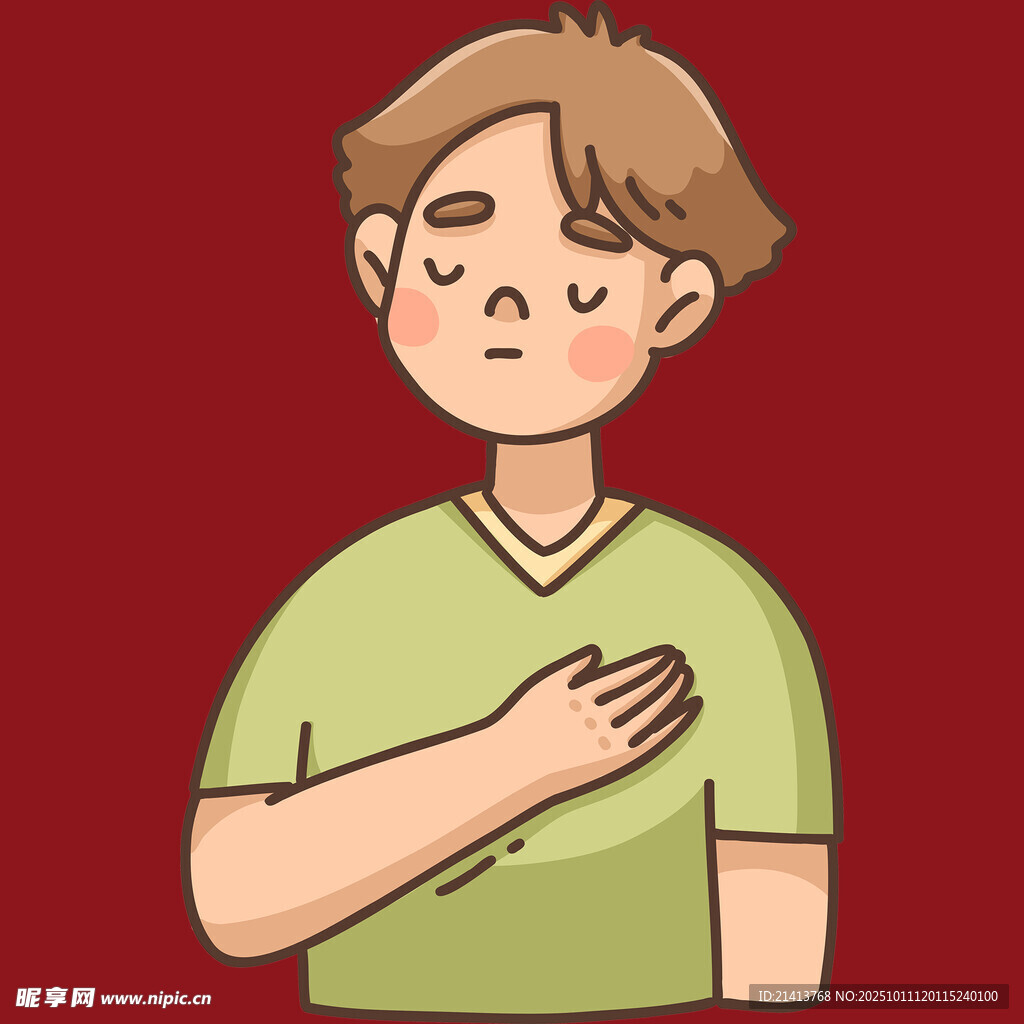 男孩手放胸口表情放松