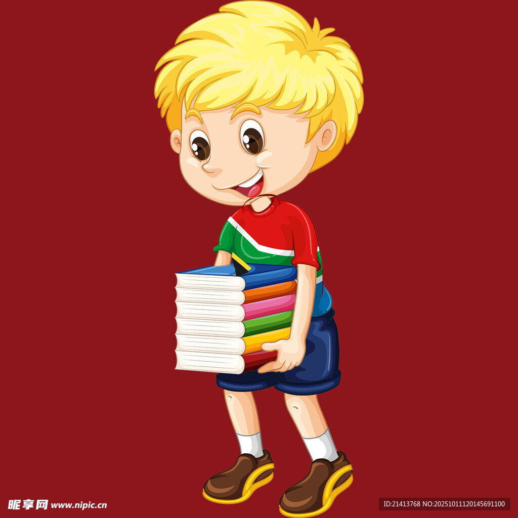 背着书包抱书的小男孩