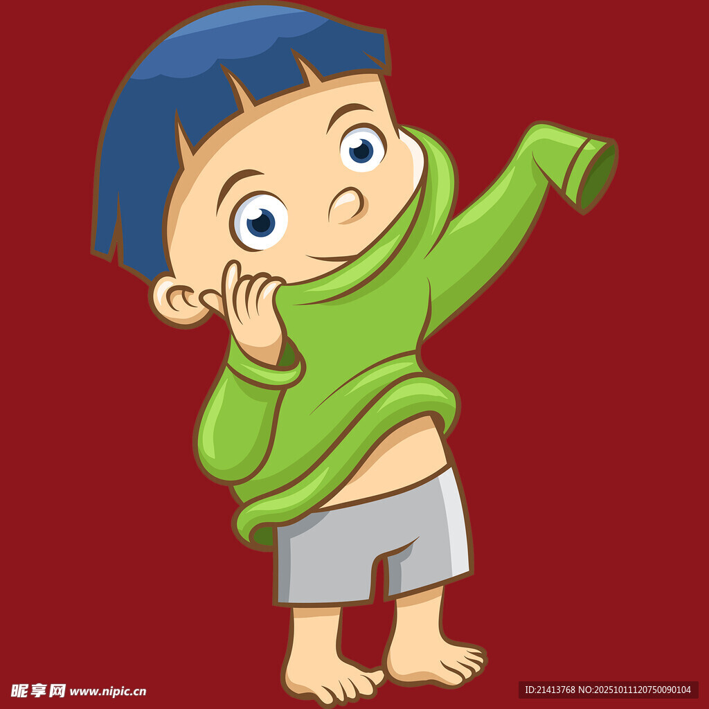 穿绿衣的俏皮卡通小孩