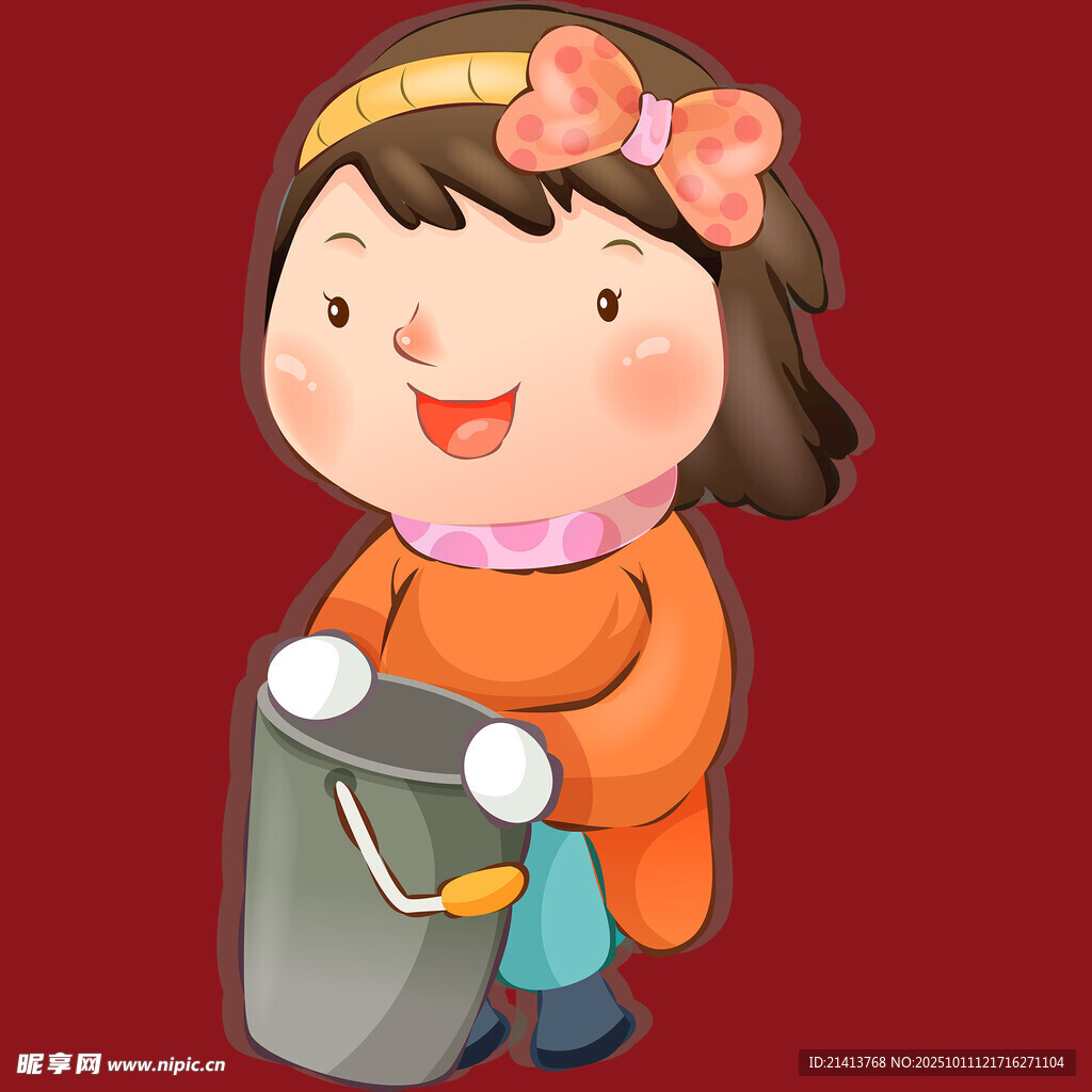 可爱女孩与清洁桶