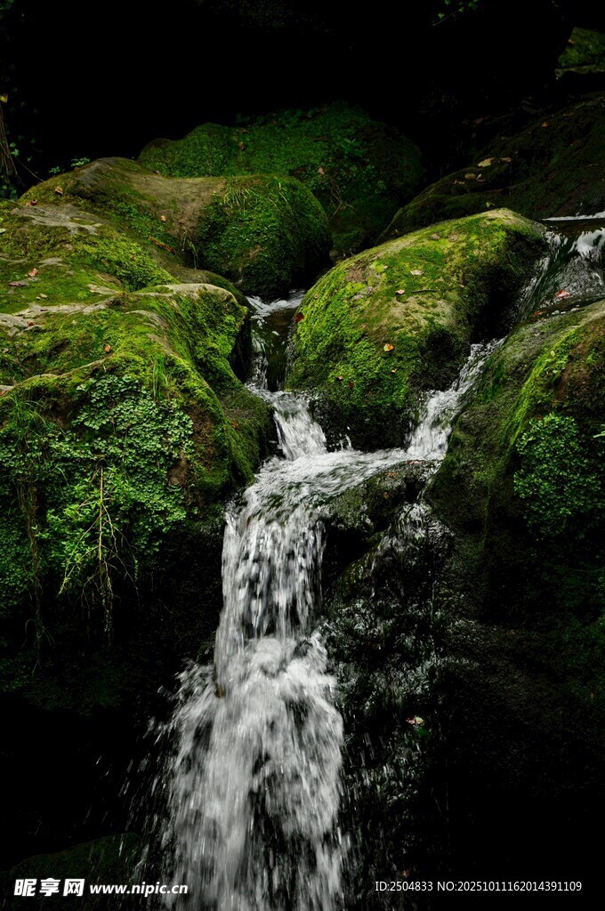 山间青苔瀑布美景