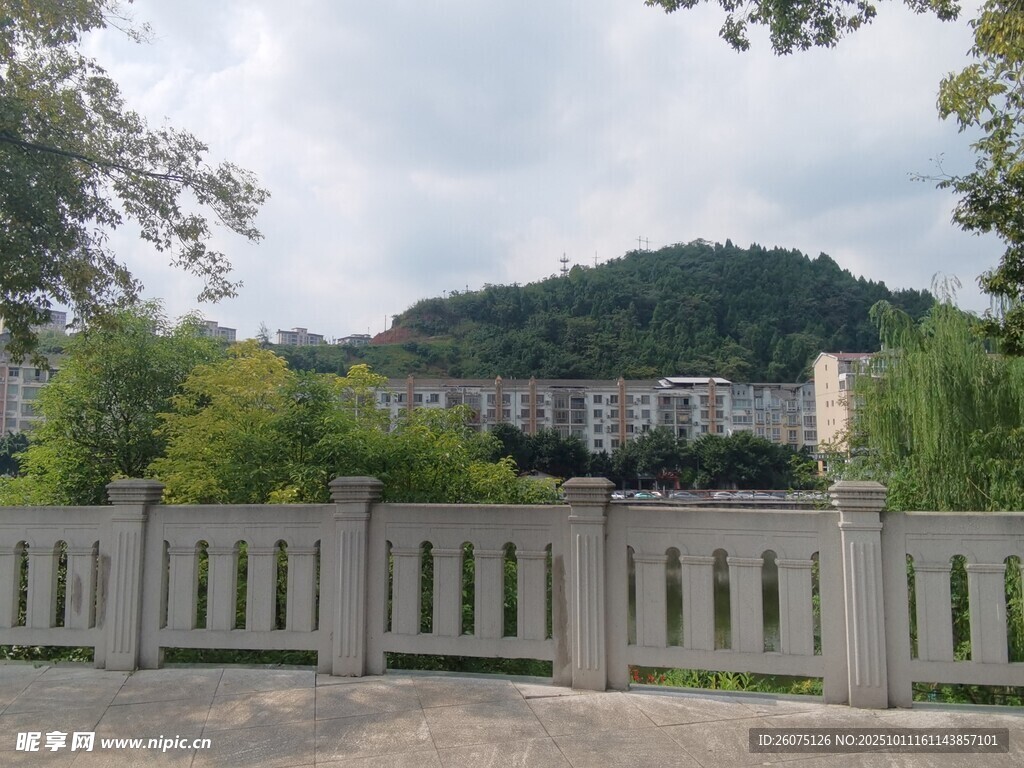 围栏后的山林与建筑景观