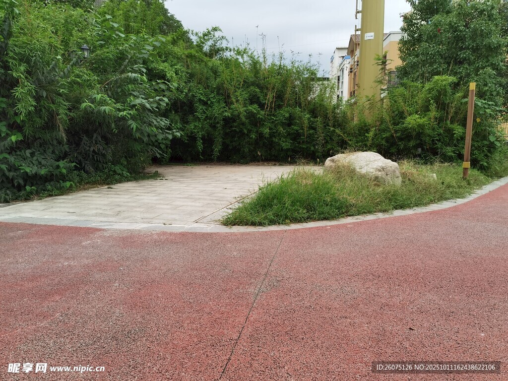 户外红地绿植景观一角