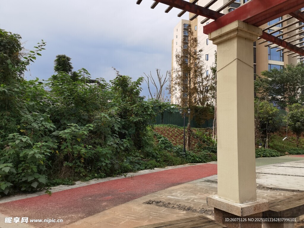 户外休闲凉亭周边绿植景