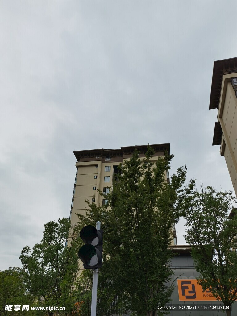 城市中带绿植的老旧建筑