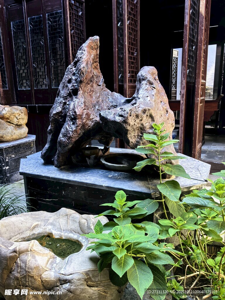 中式庭院假山绿植景致