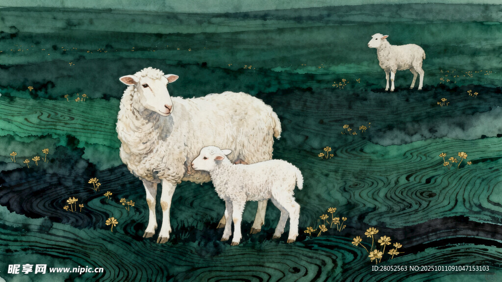 手绘插画母羊 小羊 草原