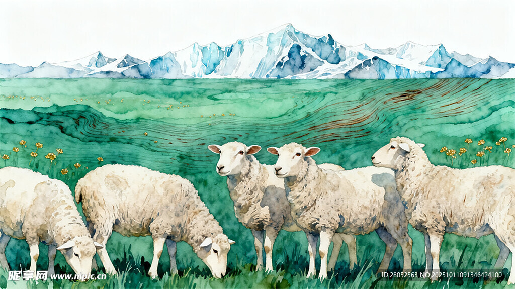 手绘插画高山冰川牧场羊群草原